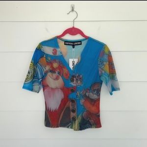 NWT Chopova Lowena Cartoon Mesh Top Blue Multi Small